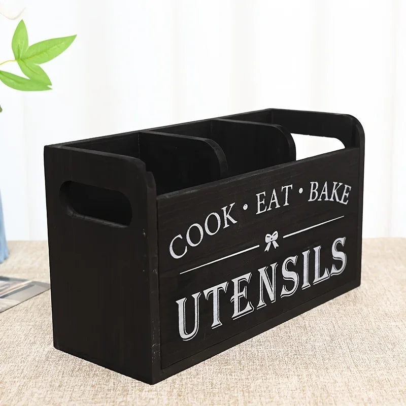 Rustic Wooden Utensil Organizer – 4-Compartment Countertop Caddy
