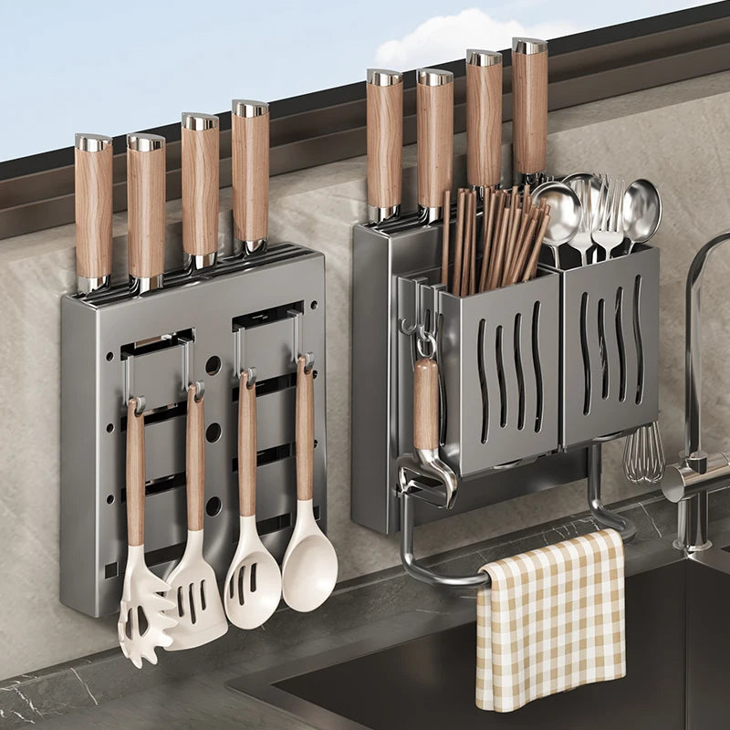 Wall-Mounted Kitchen Organizer – Knife, Utensil & Towel Rack System