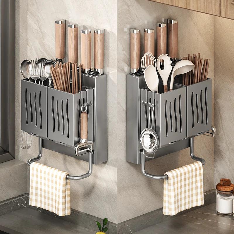 Wall-Mounted Kitchen Organizer – Knife, Utensil & Towel Rack System