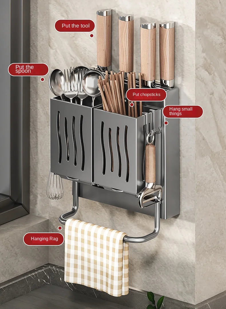 Wall-Mounted Kitchen Organizer – Knife, Utensil & Towel Rack System