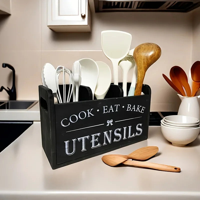 Rustic Wooden Utensil Organizer – 4-Compartment Countertop Caddy