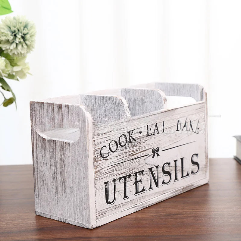 Rustic Wooden Utensil Organizer – 4-Compartment Countertop Caddy
