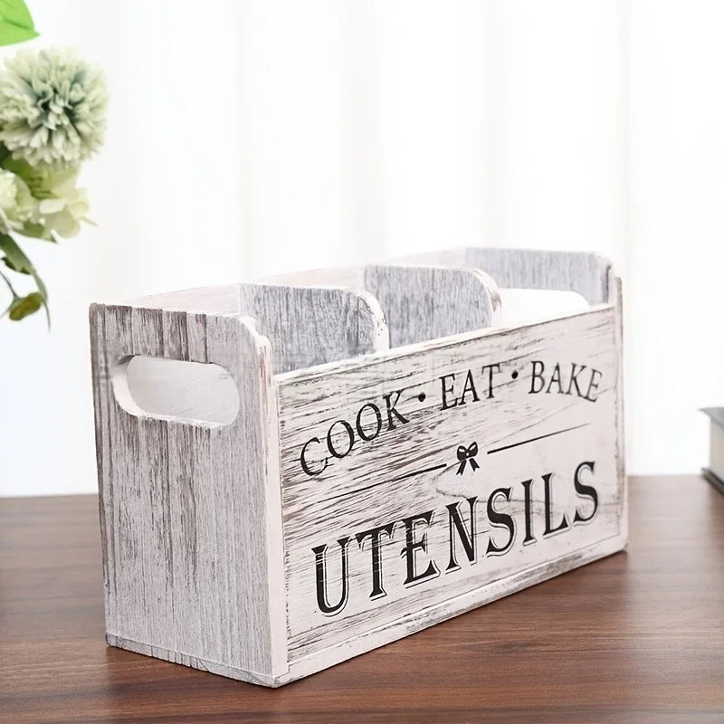 Rustic Wooden Utensil Organizer – 4-Compartment Countertop Caddy