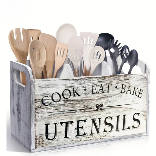 Rustic Wooden Utensil Organizer – 4-Compartment Countertop Caddy