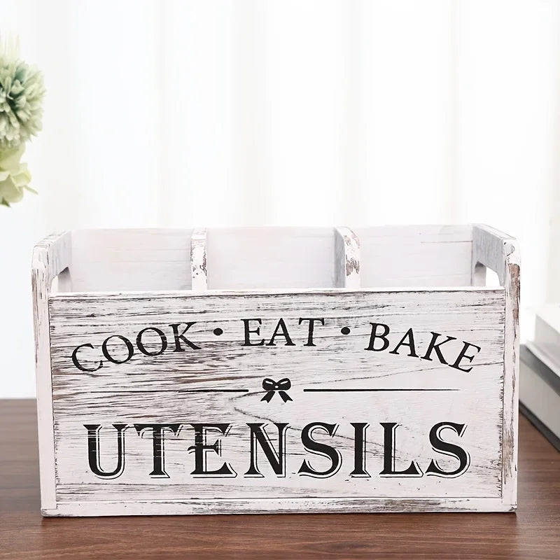 Rustic Wooden Utensil Organizer – 4-Compartment Countertop Caddy