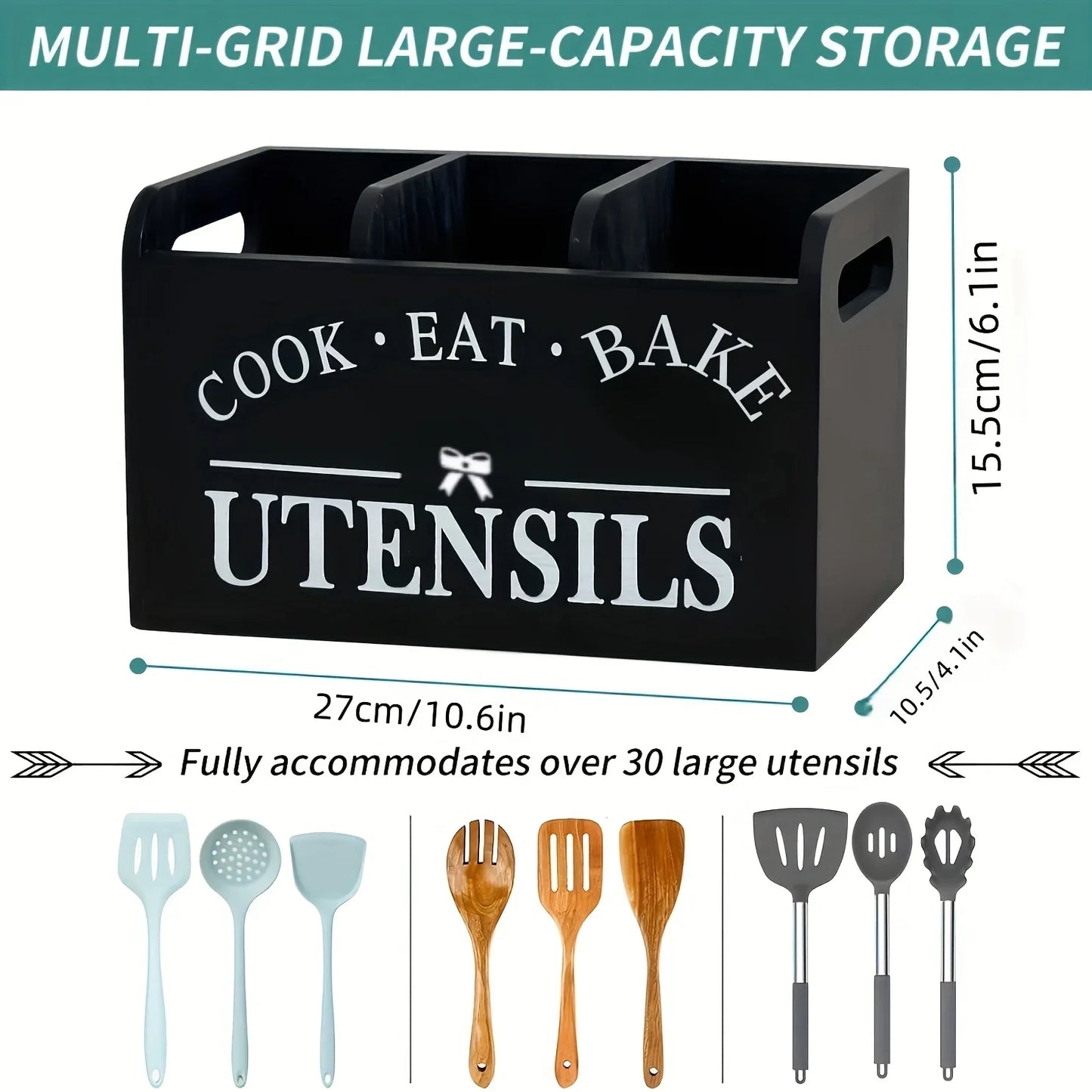 Rustic Wooden Utensil Organizer – 4-Compartment Countertop Caddy