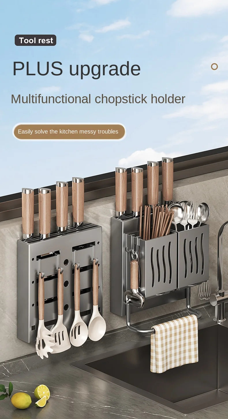 Wall-Mounted Kitchen Organizer – Knife, Utensil & Towel Rack System