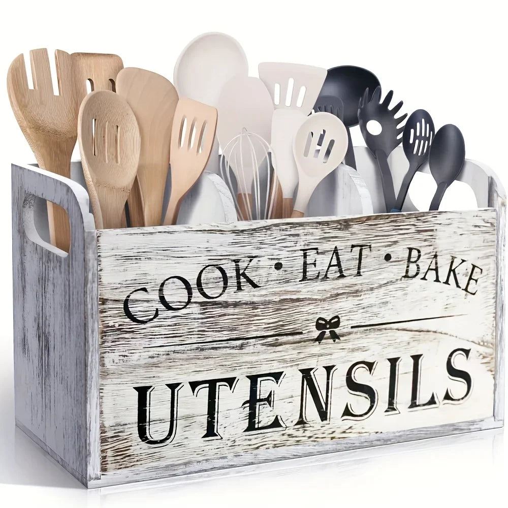 Rustic Wooden Utensil Organizer – 4-Compartment Countertop Caddy