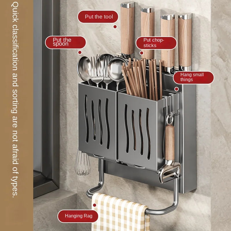Wall-Mounted Kitchen Organizer – Knife, Utensil & Towel Rack System